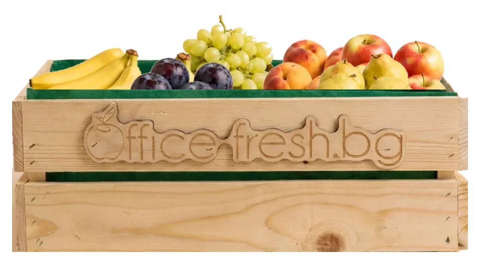Опакована щайга Office Fresh с банани, грозде, праскови, ябълки, сливи и круша
